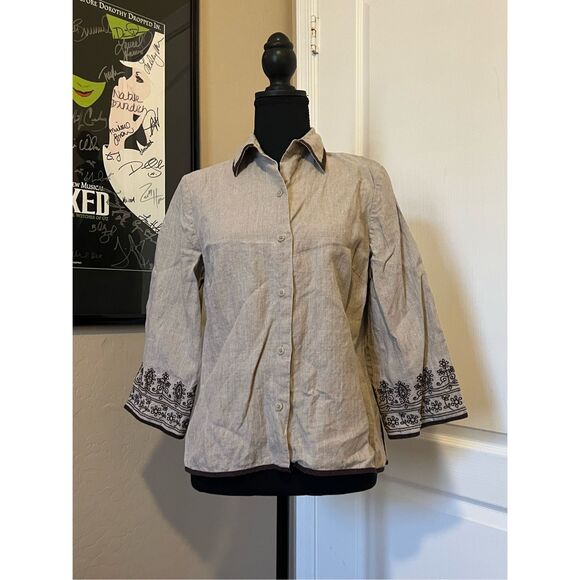 Richard Malcolm Irish 100% linen blouse with embroidered sleeves - Picture 1 of 6